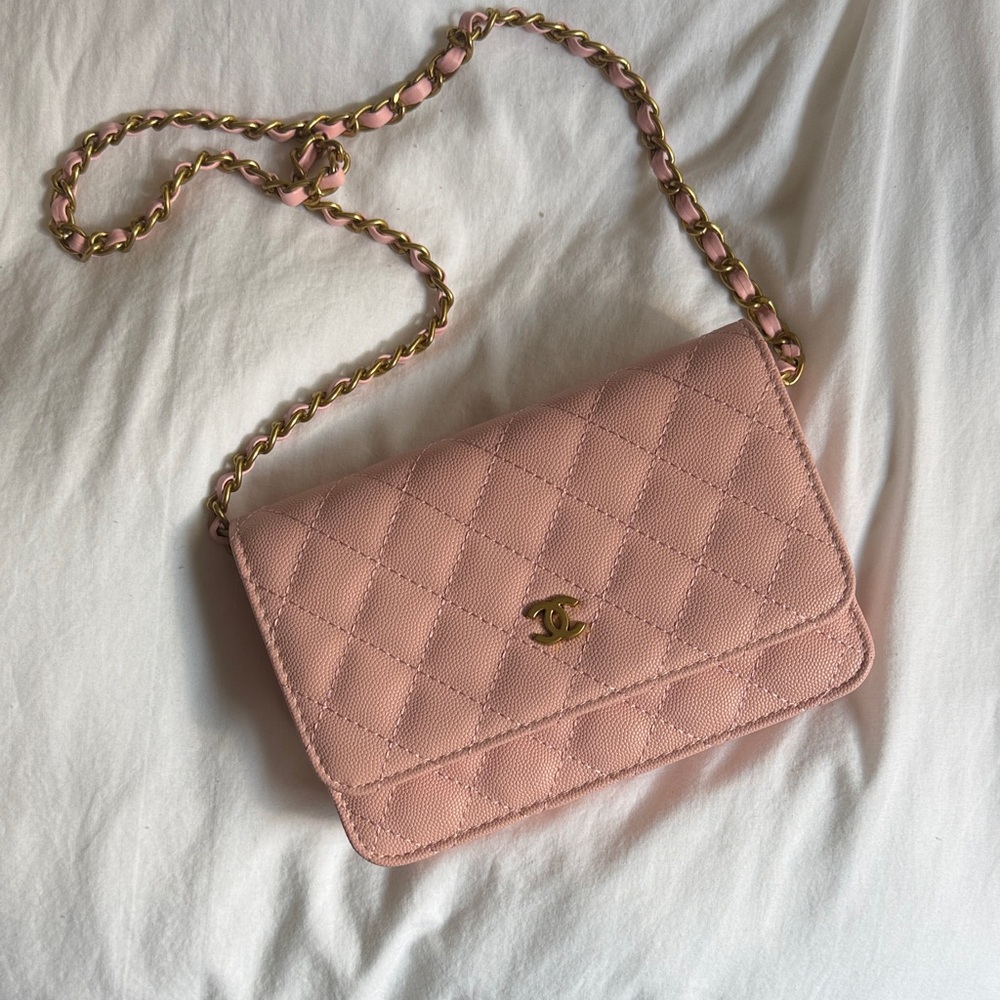 Pink Quilted Wallet on Chain with gold hardware
